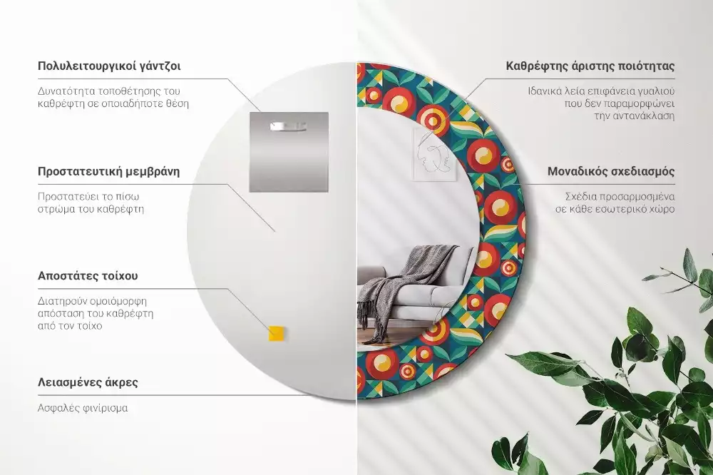 Ronde spiegel met bedrukte lijst Geometrische vruchten en bladeren