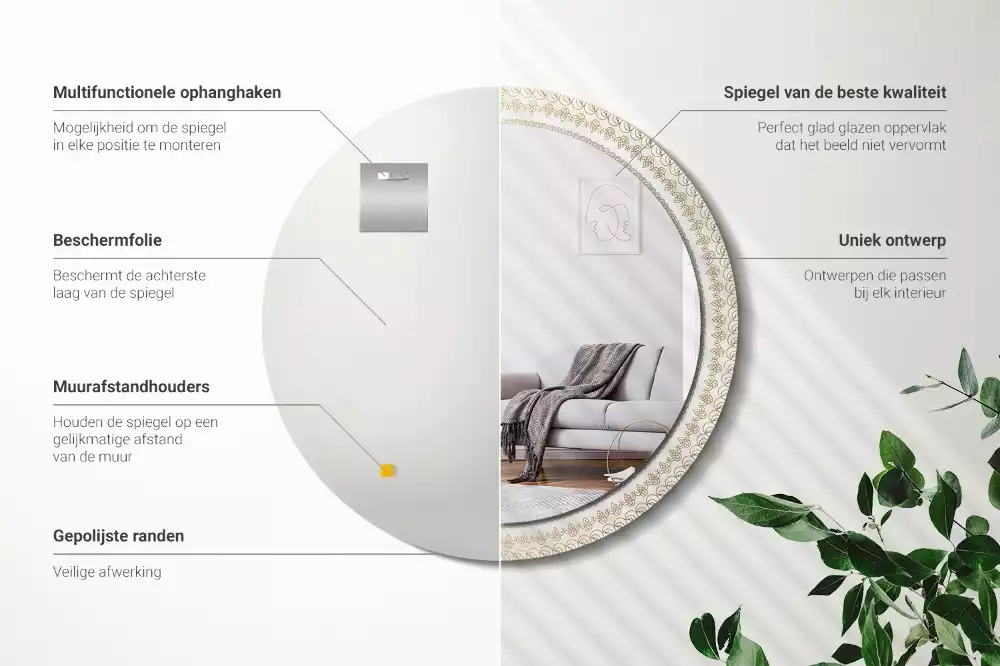 Ronde spiegel met bedrukte lijst Indiase mandala