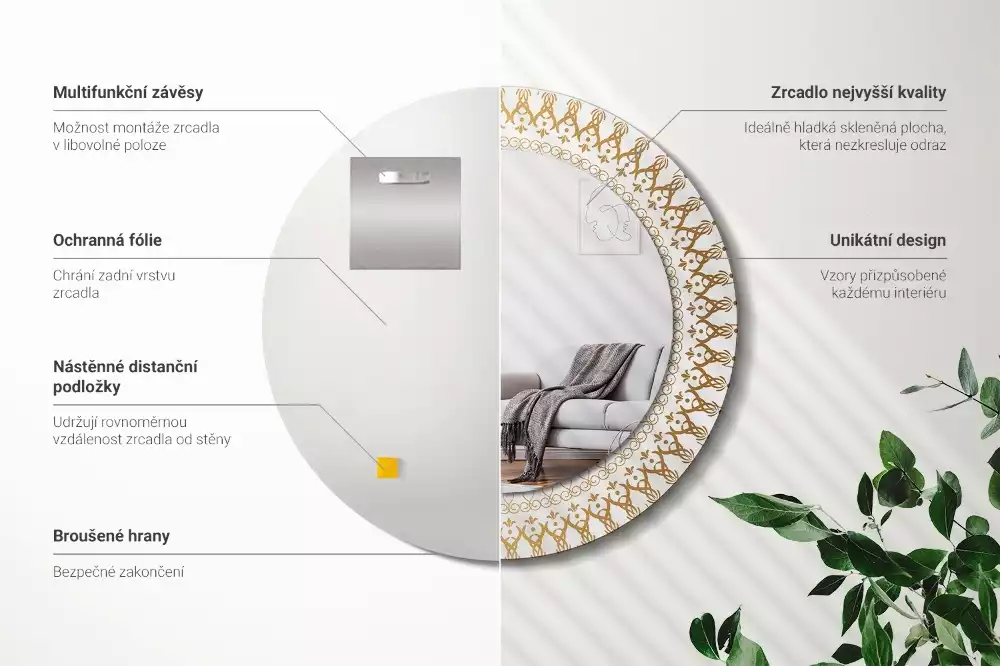 Ronde spiegel met bedrukte lijst Indiase mandala