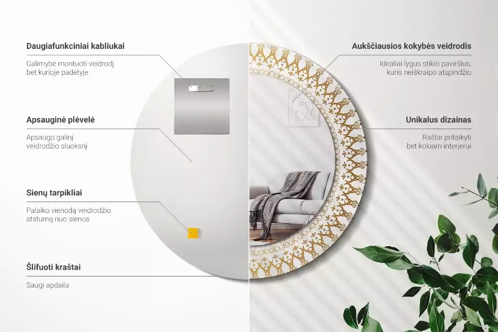 Ronde spiegel met bedrukte lijst Indiase mandala