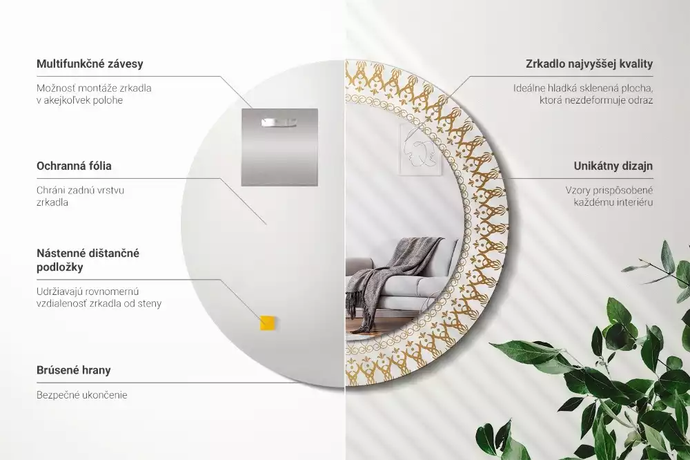 Ronde spiegel met bedrukte lijst Indiase mandala