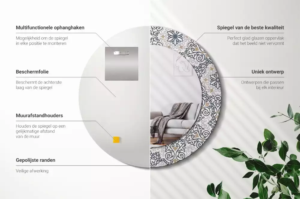 Ronde spiegel met bedrukte lijst Geometrische ornamenten