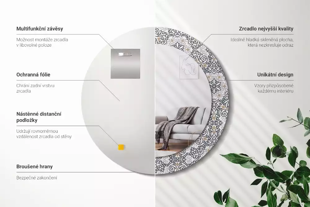 Ronde spiegel met bedrukte lijst Geometrische ornamenten