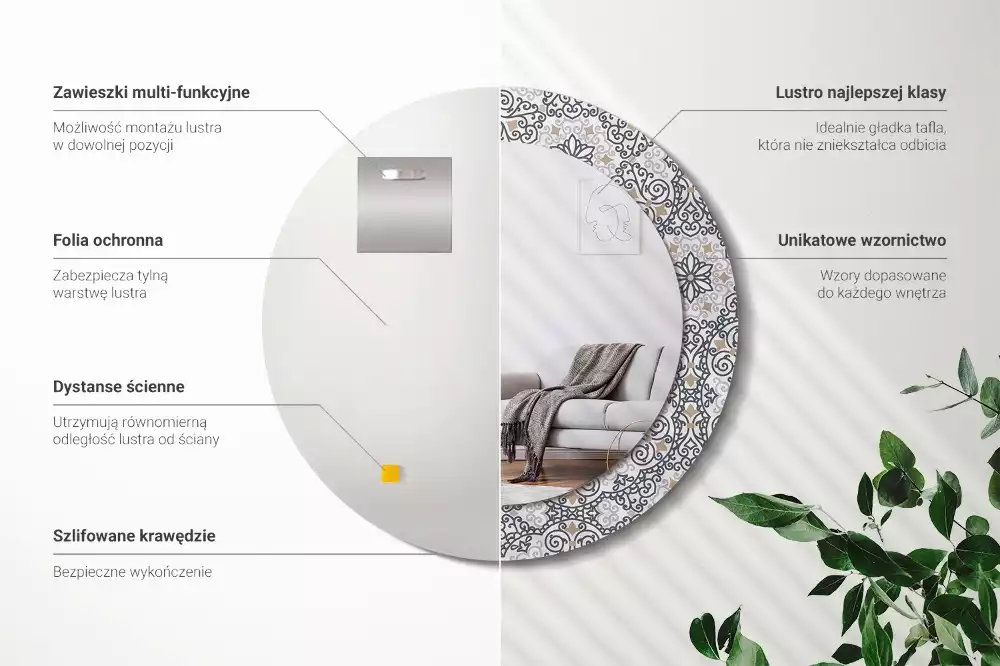 Ronde spiegel met bedrukte lijst Geometrische ornamenten