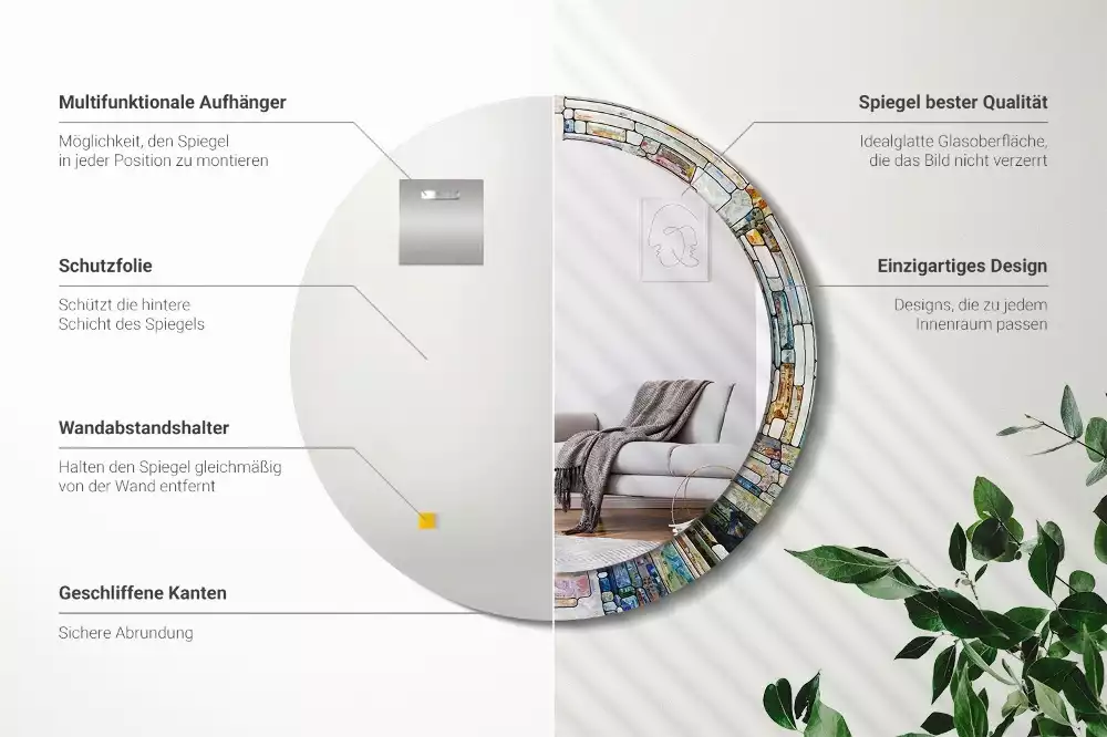 Ronde spiegel met bedrukte lijst Glas-in-lood
