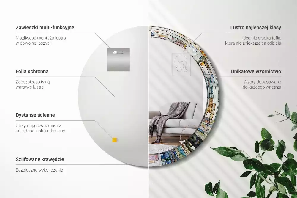 Ronde spiegel met bedrukte lijst Glas-in-lood