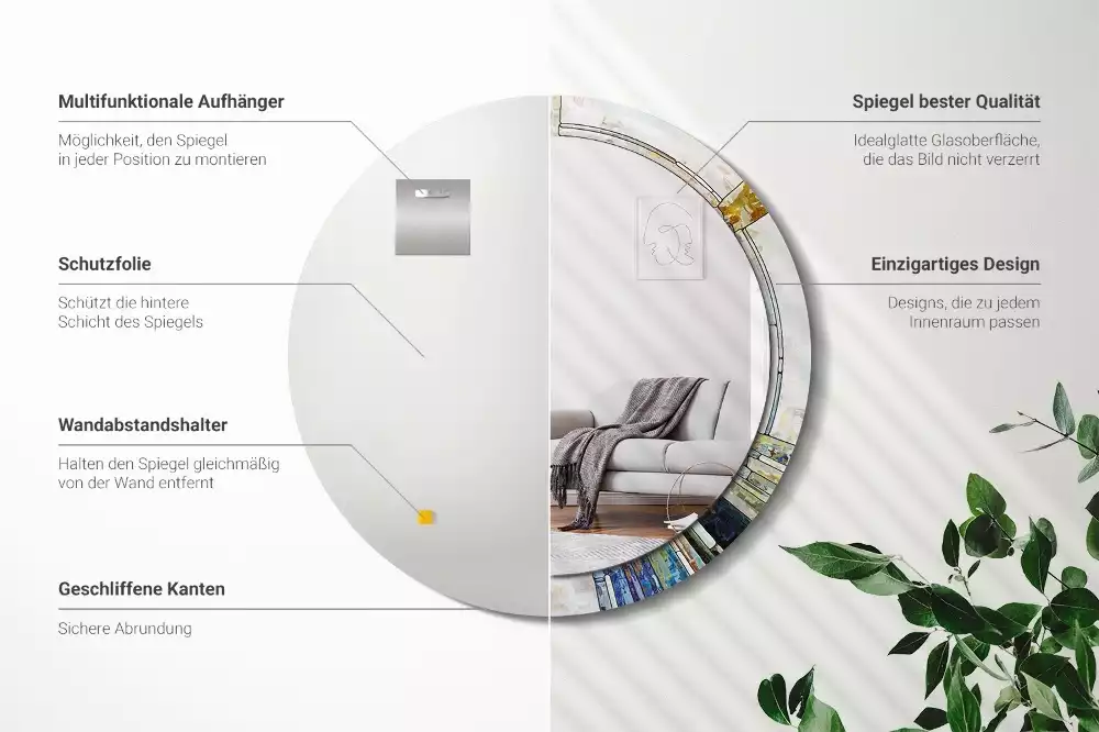 Ronde spiegel met bedrukte lijst Glas-in-lood