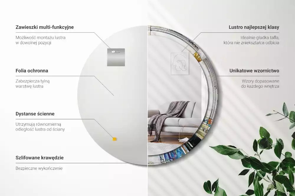 Ronde spiegel met bedrukte lijst Glas-in-lood