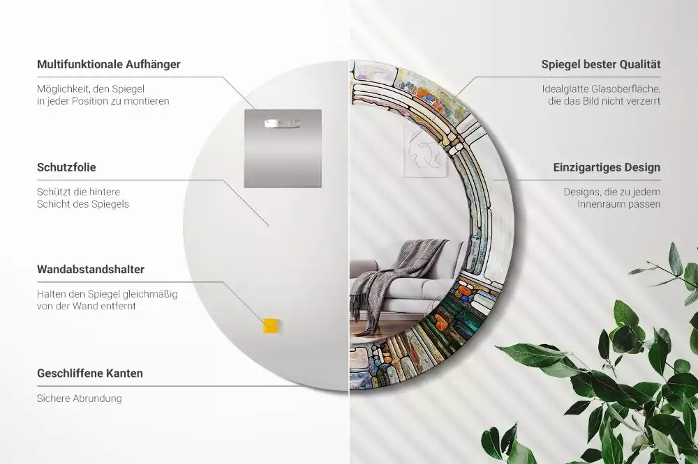 Ronde spiegel met bedrukte lijst Glas-in-lood