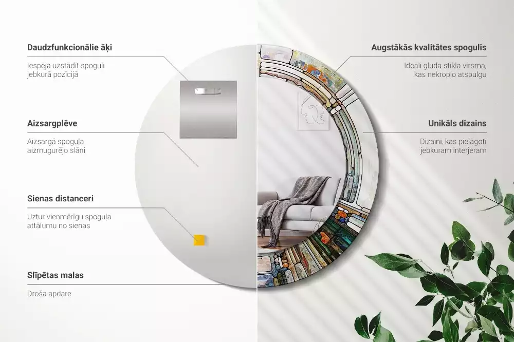 Ronde spiegel met bedrukte lijst Glas-in-lood