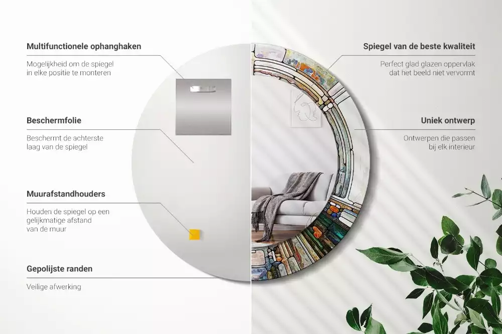 Ronde spiegel met bedrukte lijst Glas-in-lood