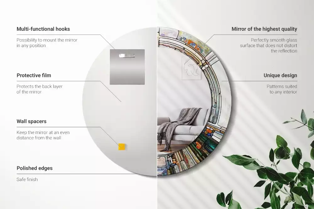 Ronde spiegel met bedrukte lijst Glas-in-lood