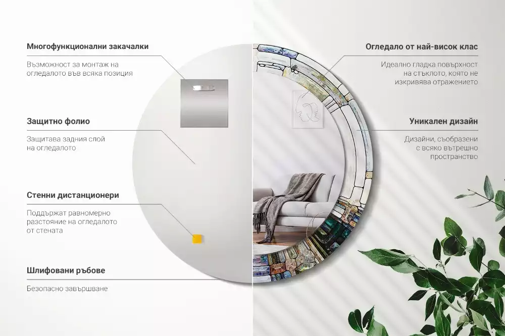 Ronde spiegel met bedrukte lijst Glas-in-lood