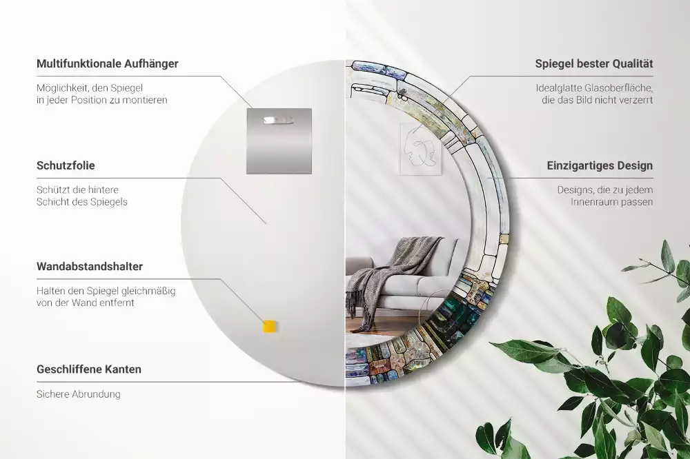 Ronde spiegel met bedrukte lijst Glas-in-lood