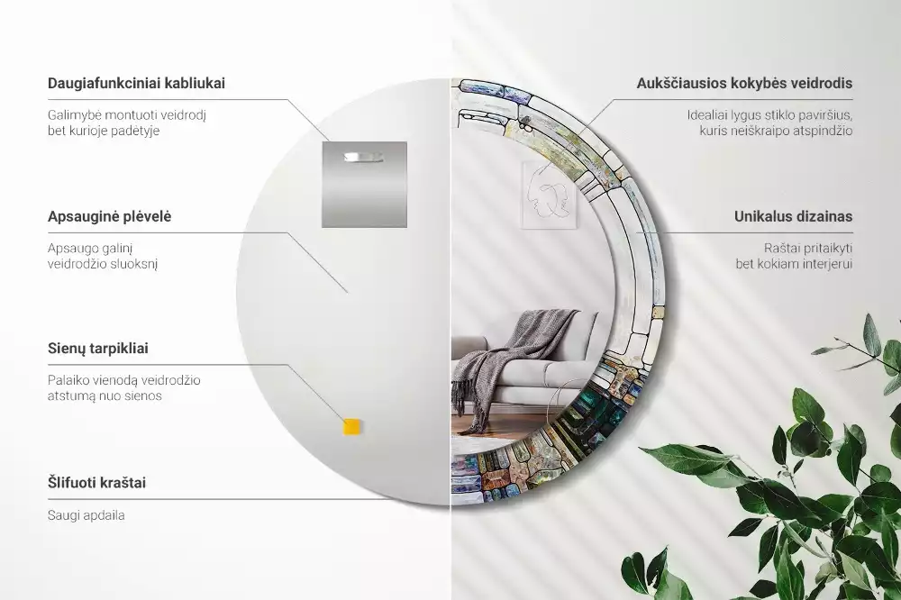 Ronde spiegel met bedrukte lijst Glas-in-lood