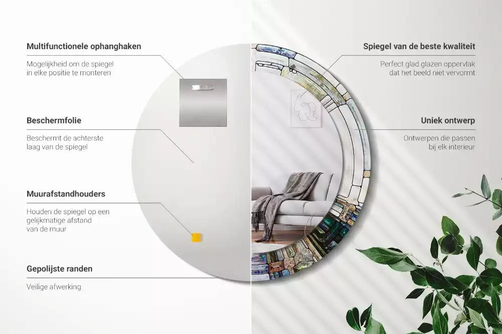 Ronde spiegel met bedrukte lijst Glas-in-lood