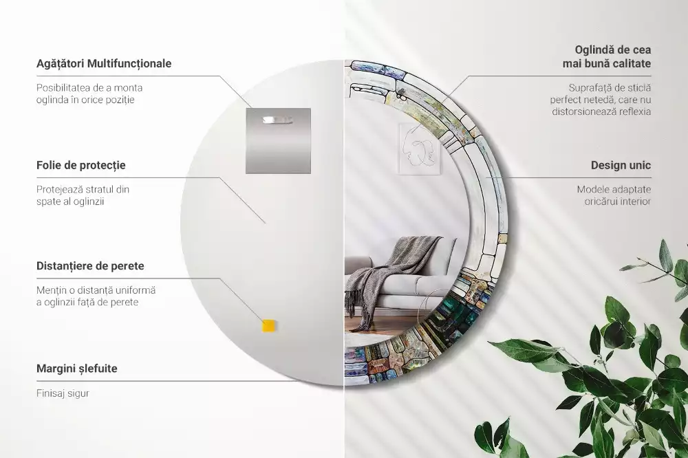 Ronde spiegel met bedrukte lijst Glas-in-lood