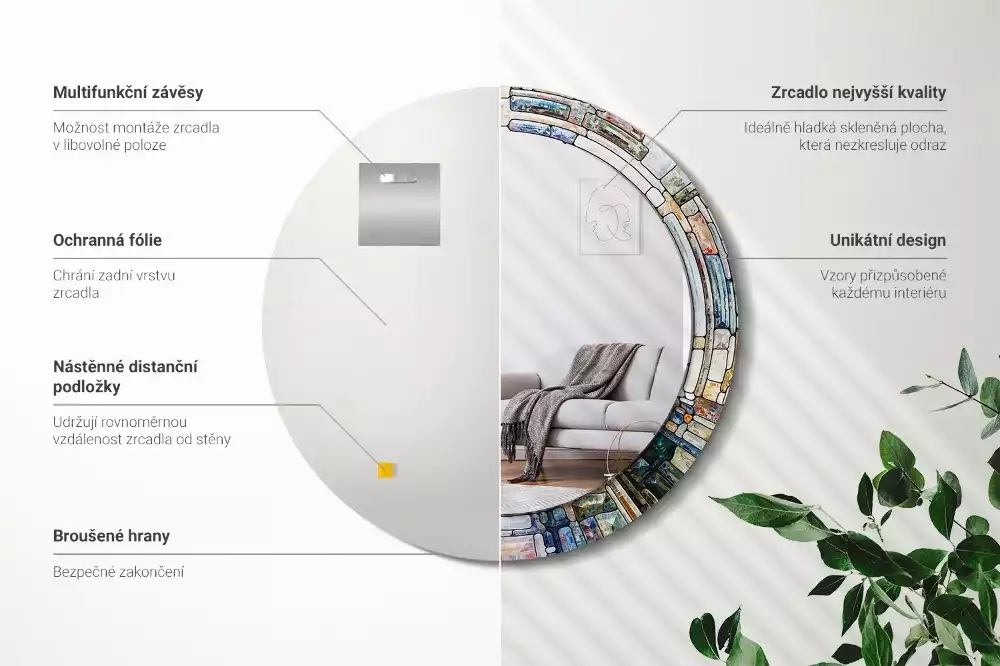 Ronde spiegel met bedrukte lijst Glas-in-lood