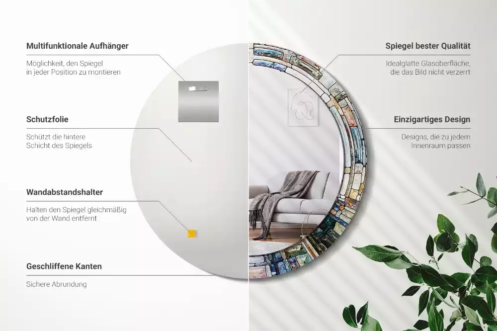 Ronde spiegel met bedrukte lijst Glas-in-lood