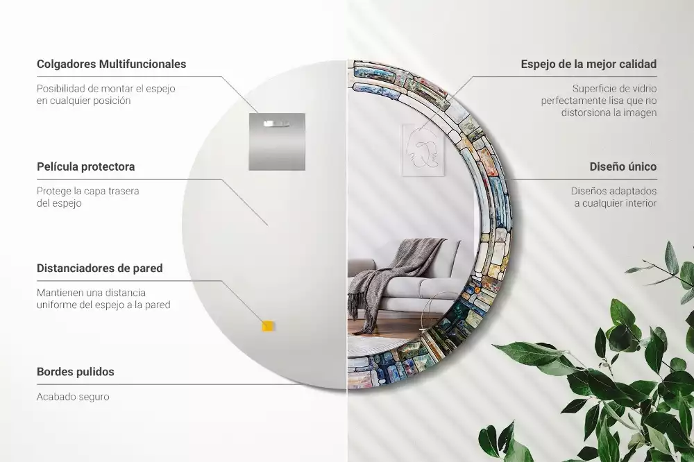 Ronde spiegel met bedrukte lijst Glas-in-lood