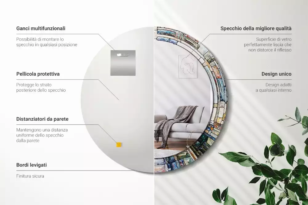 Ronde spiegel met bedrukte lijst Glas-in-lood