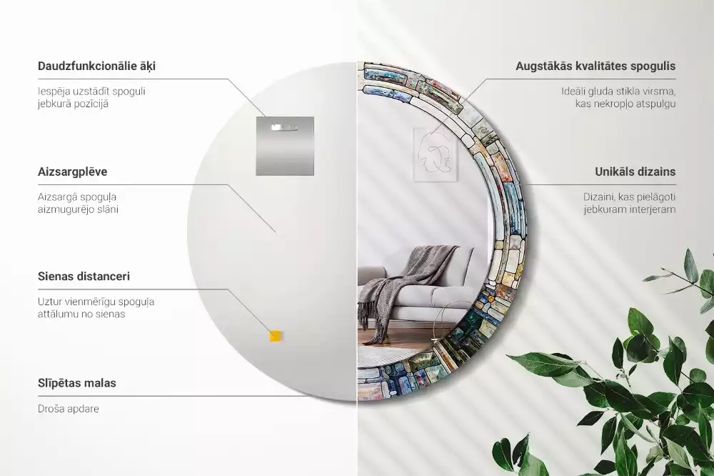 Ronde spiegel met bedrukte lijst Glas-in-lood