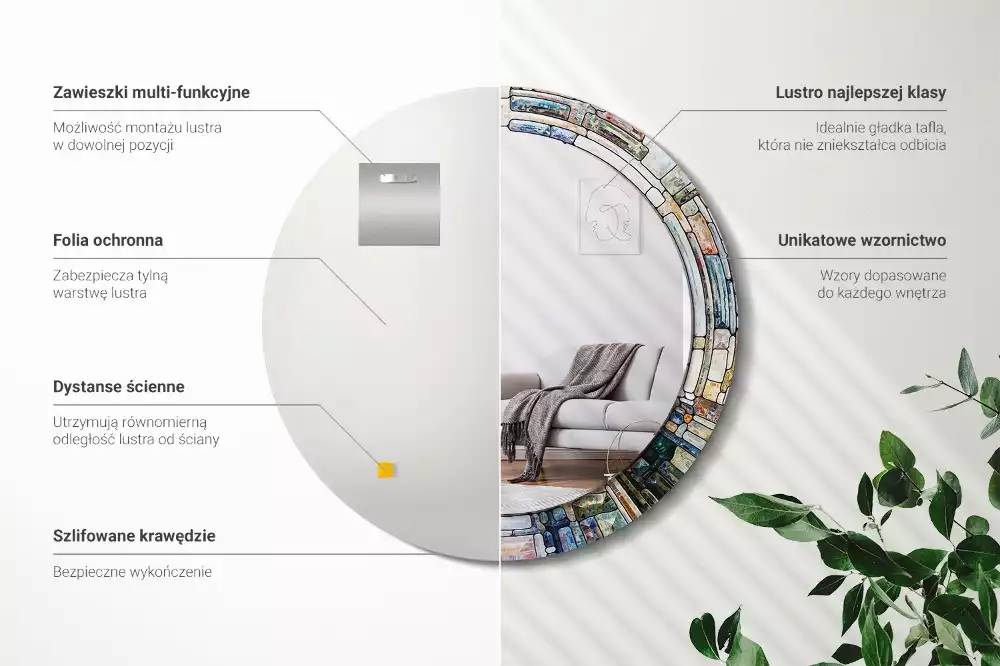 Ronde spiegel met bedrukte lijst Glas-in-lood