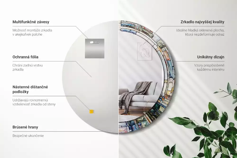 Ronde spiegel met bedrukte lijst Glas-in-lood