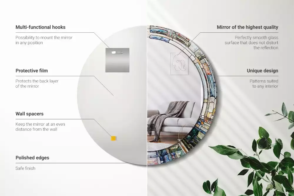 Ronde spiegel met bedrukte lijst Glas-in-lood