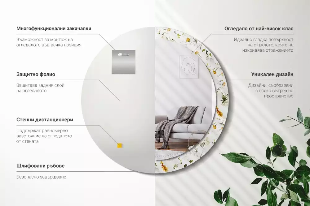 Ronde spiegel met bedrukte lijst Wilde bloemen