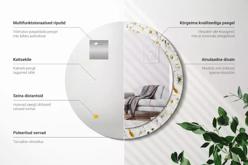 Ronde spiegel met bedrukte lijst Wilde bloemen