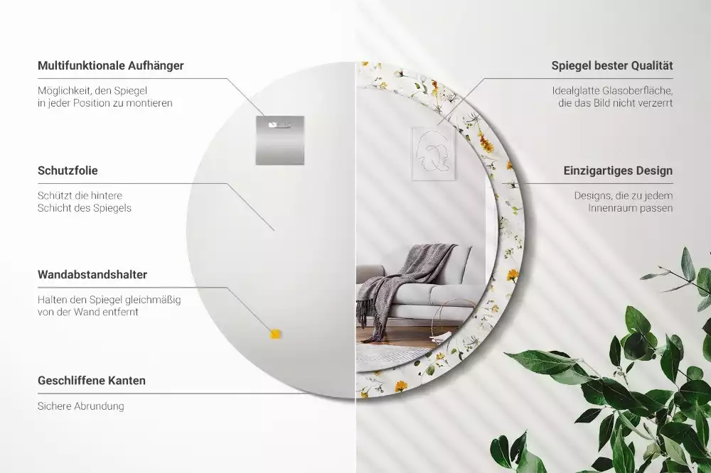 Ronde spiegel met bedrukte lijst Wilde bloemen