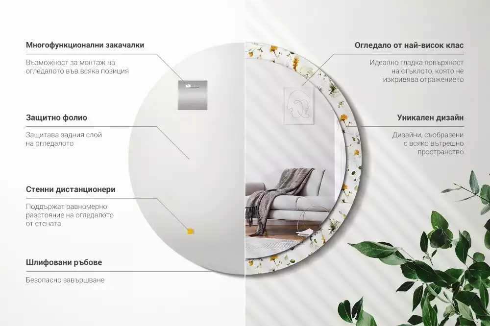 Ronde spiegel met bedrukte lijst Wilde bloemen