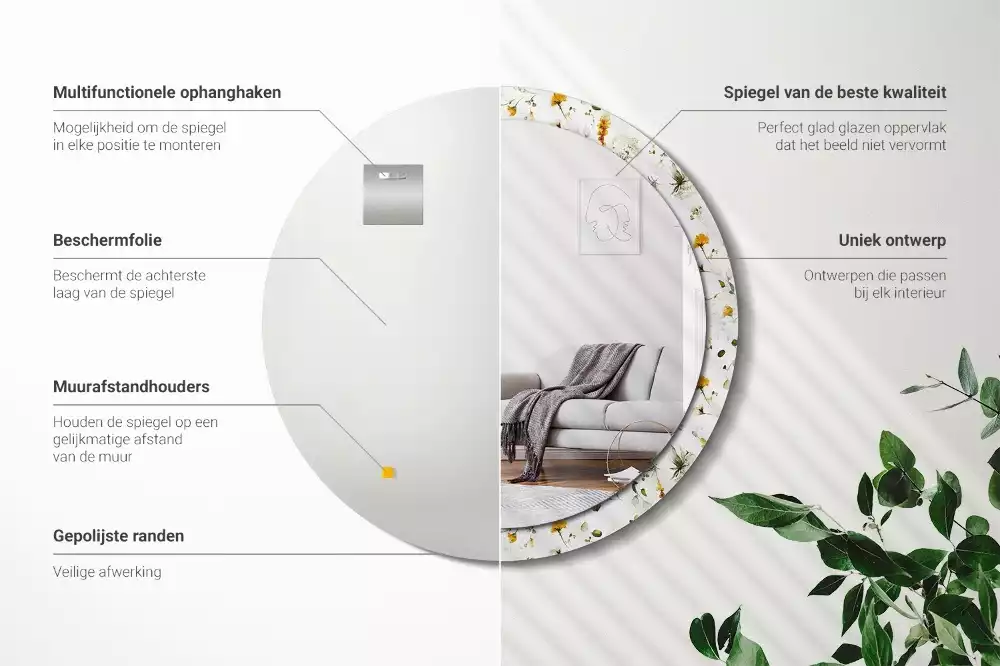 Ronde spiegel met bedrukte lijst Wilde bloemen