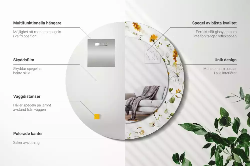 Ronde spiegel met bedrukte lijst Wilde bloemen