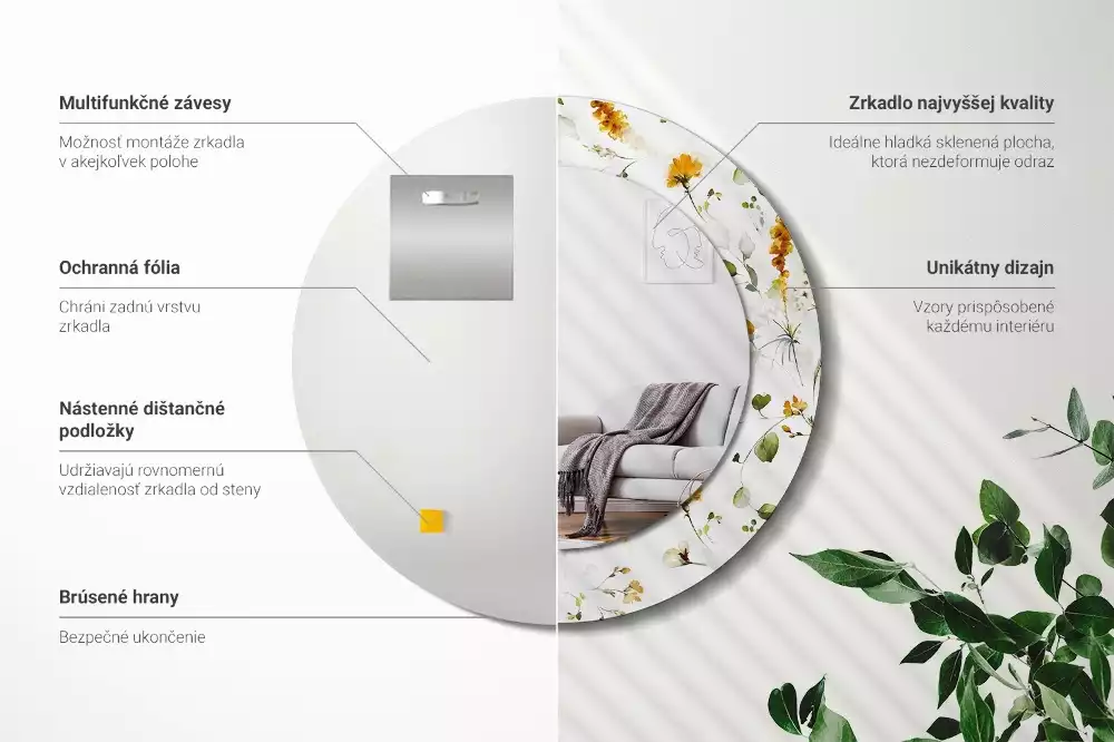 Ronde spiegel met bedrukte lijst Wilde bloemen