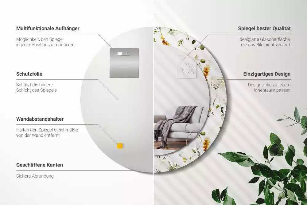 Ronde spiegel met bedrukte lijst Wilde bloemen