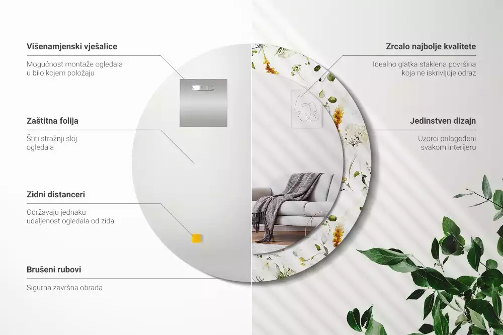 Ronde spiegel met bedrukte lijst Wilde bloemen