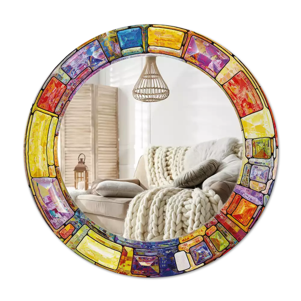Ronde spiegel met decoratie Kleurrijk glas-in-lood