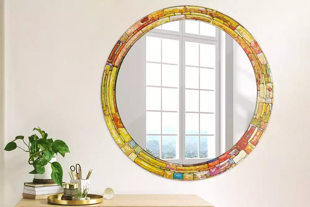 Ronde spiegel met decoratie Kleurrijk glas-in-lood