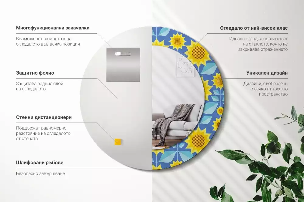 Ronde spiegel met decoratie Geometrische zonnebloemen