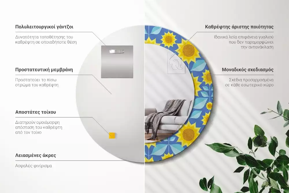 Ronde spiegel met decoratie Geometrische zonnebloemen