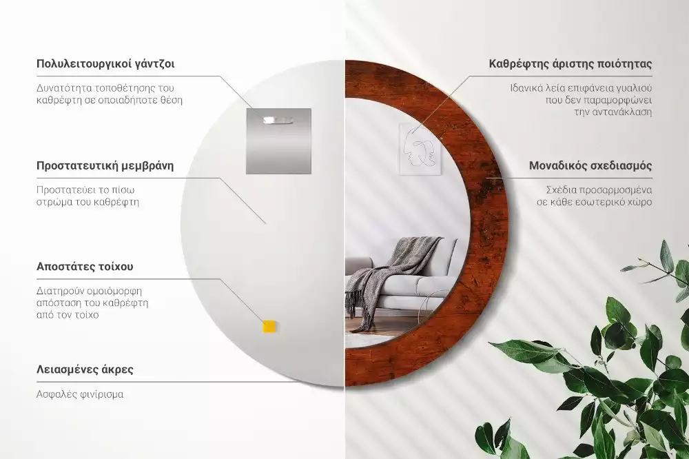 Ronde spiegel met bedrukte lijst Natuurlijk hout