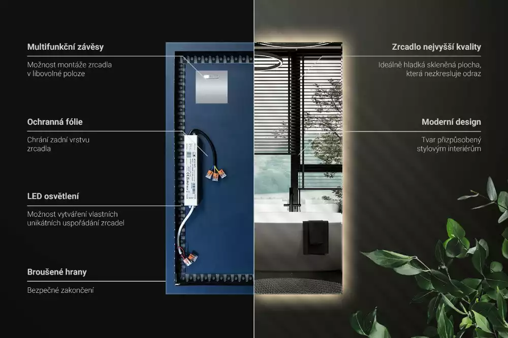 Rechthoekige spiegel met verlichting met LED-achtergrondverlichting