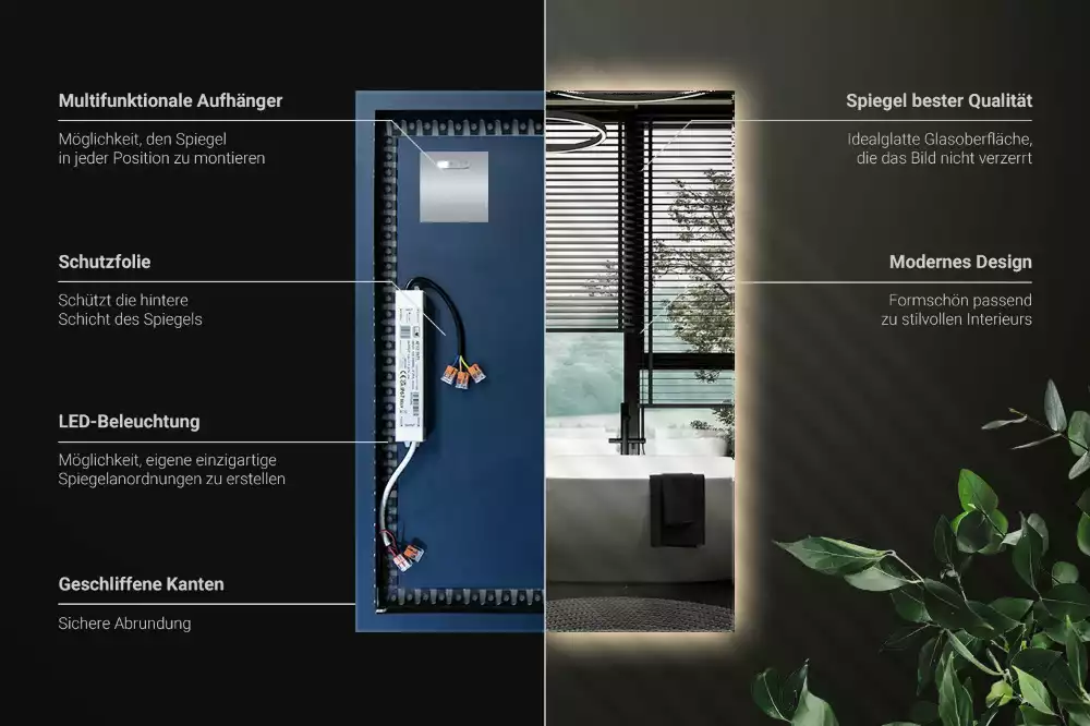 Rechthoekige spiegel met verlichting met LED-achtergrondverlichting