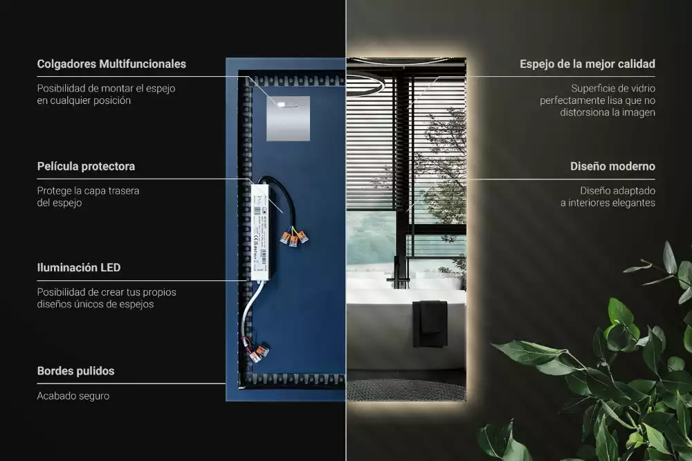 Rechthoekige spiegel met verlichting met LED-achtergrondverlichting