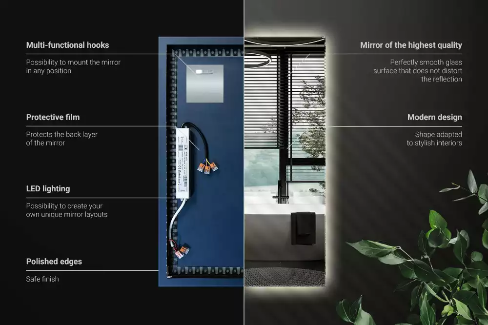Rechthoekige spiegel met verlichting met LED-achtergrondverlichting