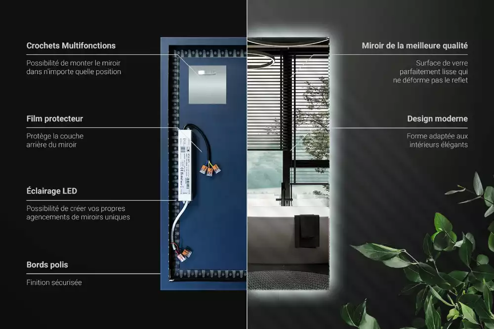 Rechthoekige spiegel met verlichting met LED-achtergrondverlichting