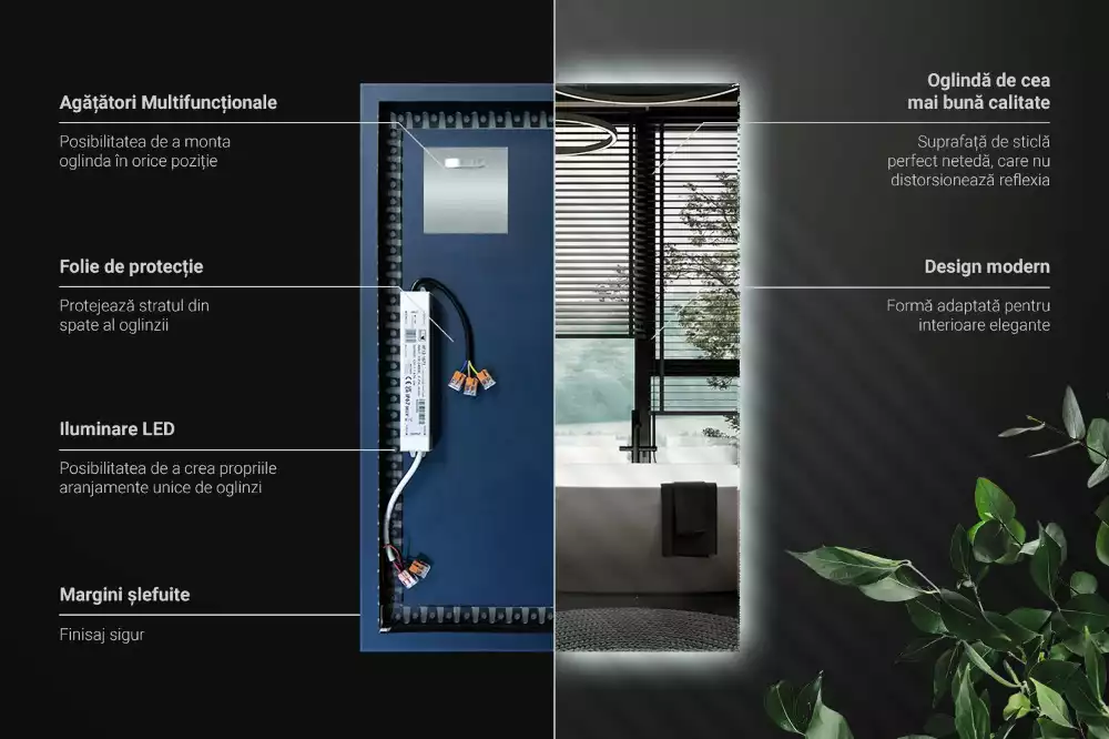 Rechthoekige spiegel met verlichting met LED-achtergrondverlichting
