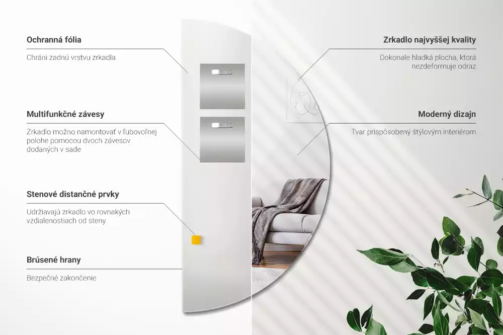 Halfronde spiegel hangend zonder lijst